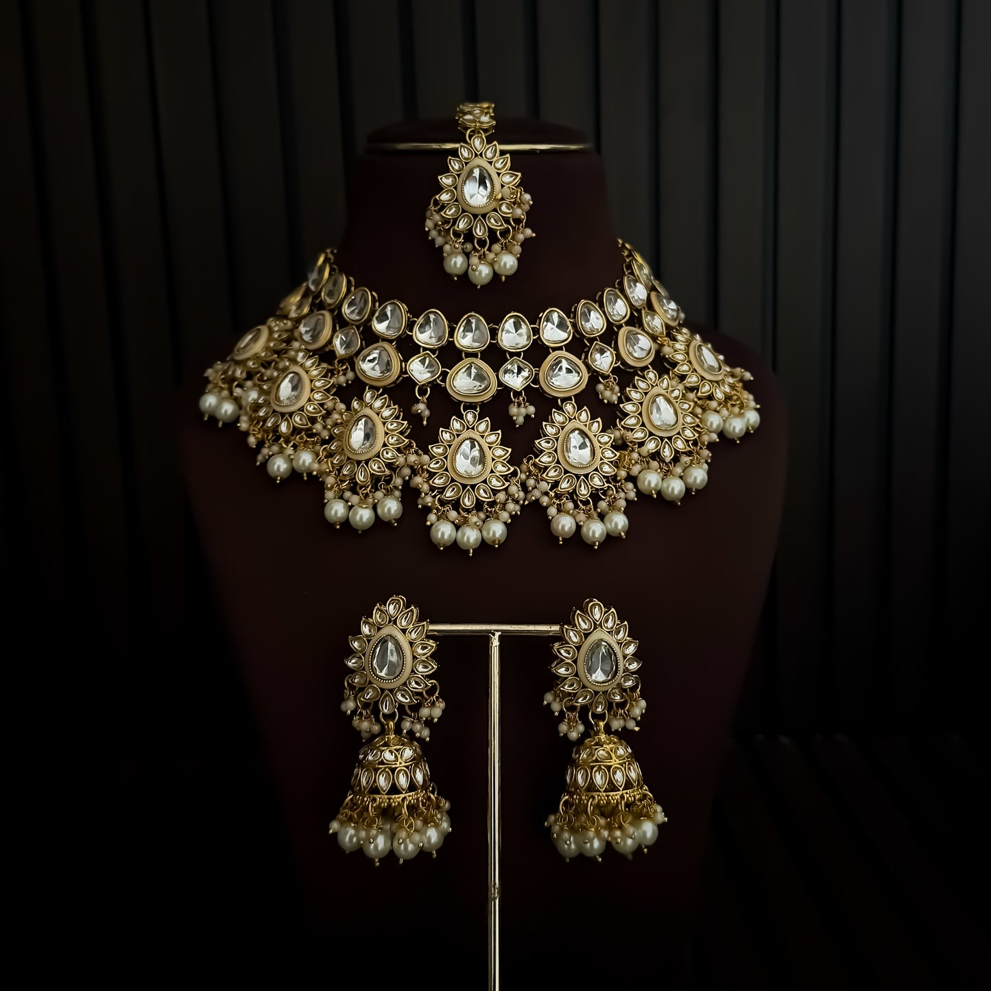 Swaraaj Premium Pearl Kundan Bridal Necklace Set - Golden