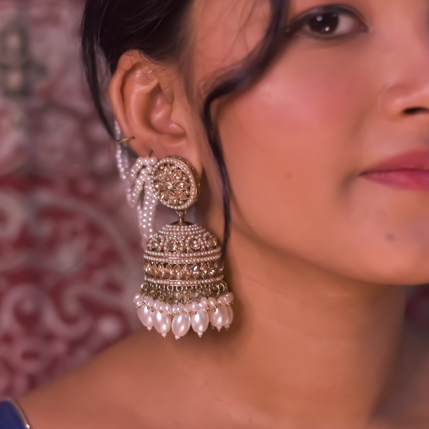 Rubina Jadau Reverse AD Jhumka Earrings with Earchain - Golden