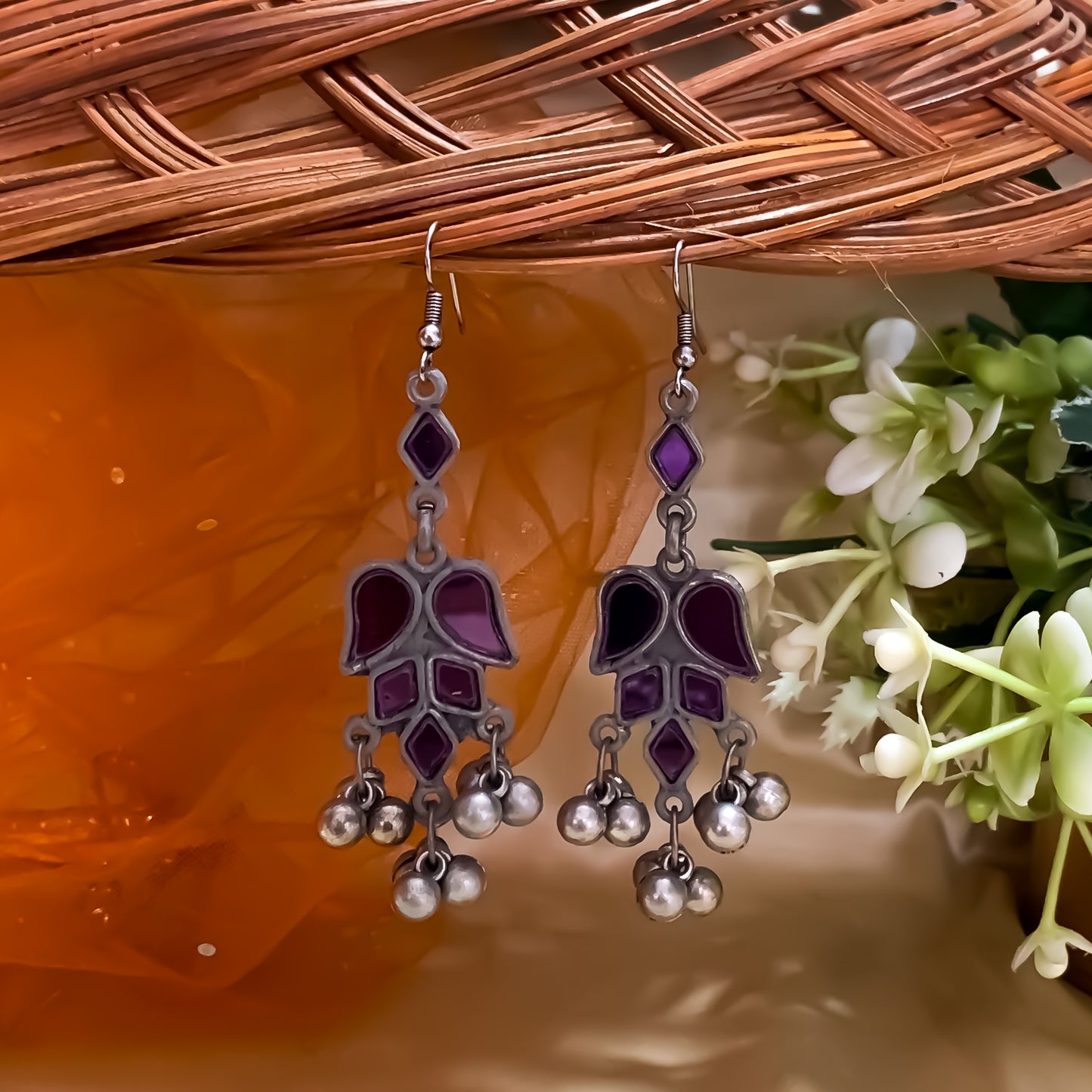 Kriti Afghani Vintage Mirror Earrings - Purple