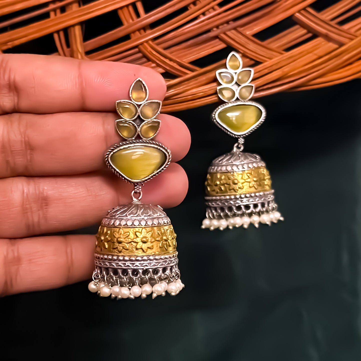 Monalisa Dual Tone Brass Jhumka Earrings - Lemon Yellow