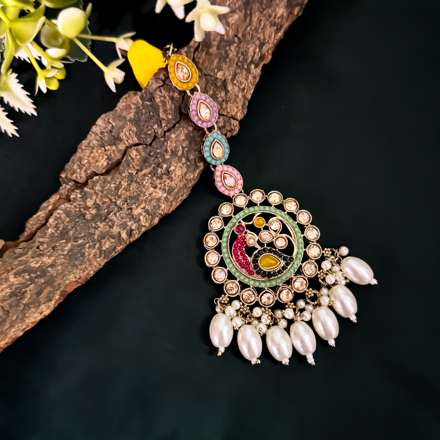 Lisha Jadau (Reverse AD) Earrings & Mangtika Set - Multi