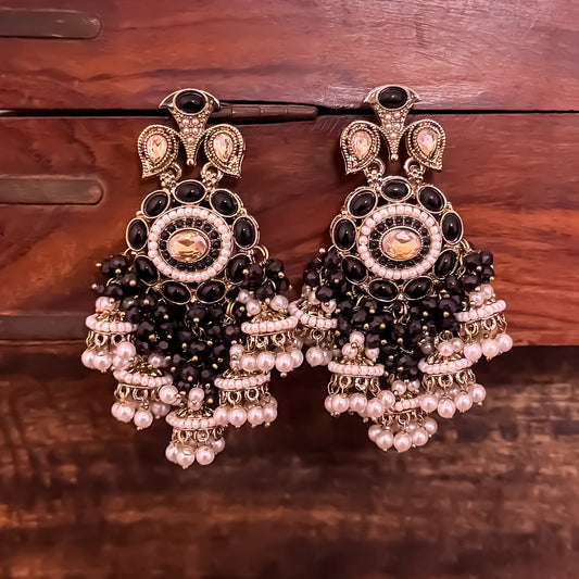 Heer Pearl Kundan Pearl Chandbali Jhumka Earring - Black