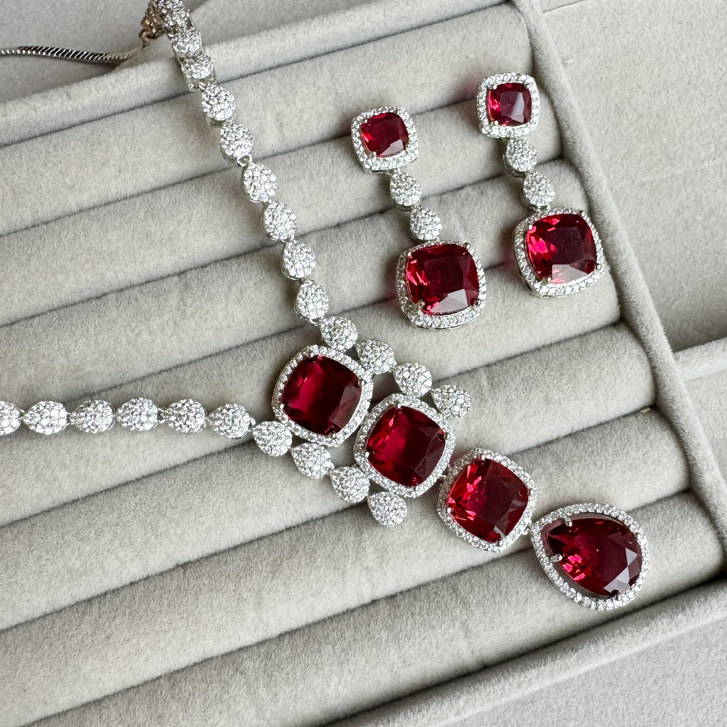 Emily Designer AD Necklace Set- Ruby Red