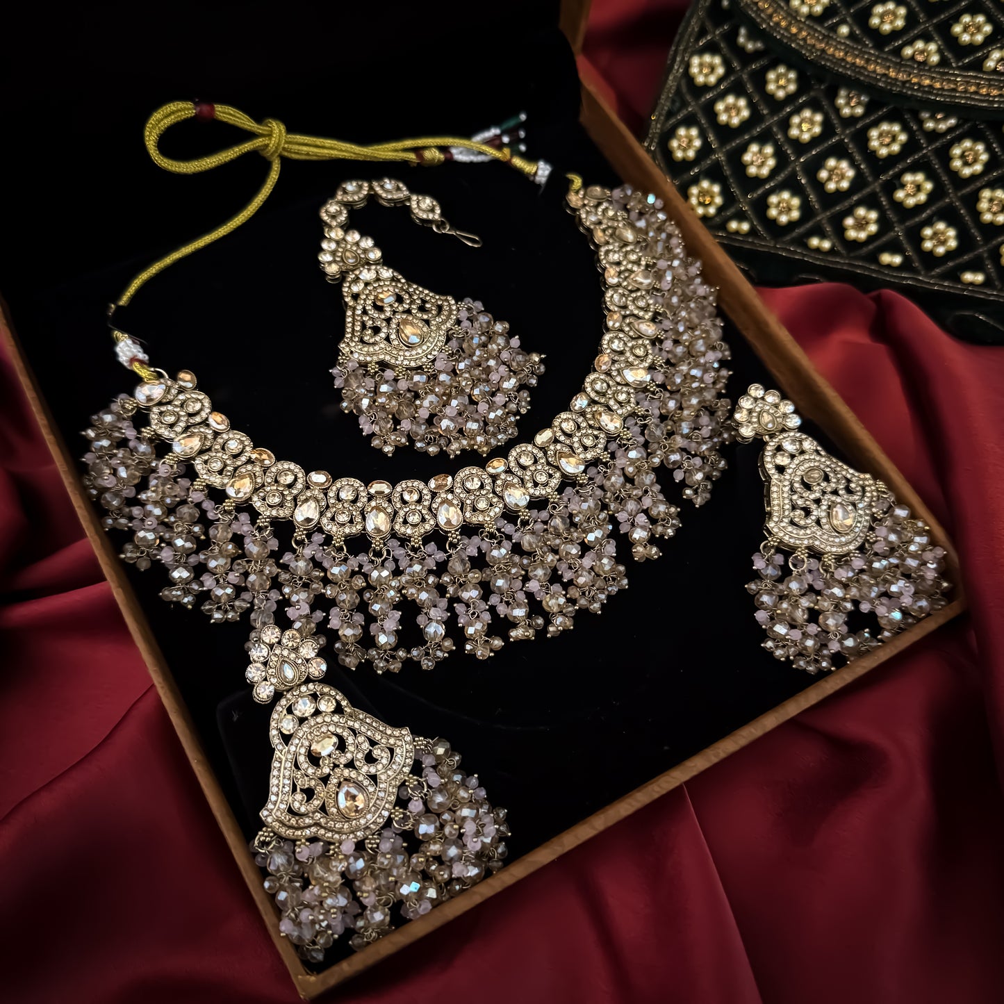 Madiha Premium Reverse AD Necklace Set - Pastel Pink