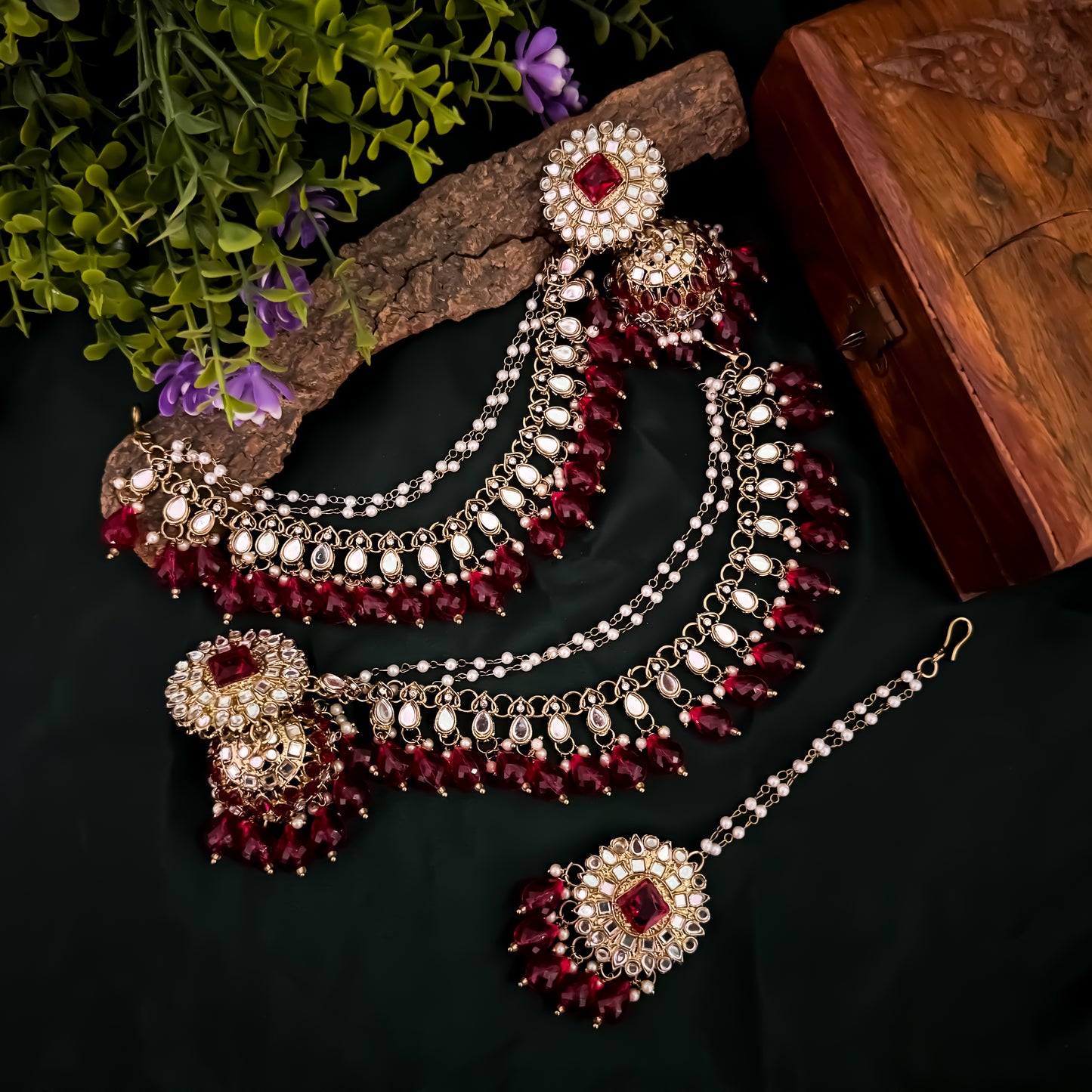 Masaba Mirror Jhumka Earrings with Sahara & Tika Set - Pink