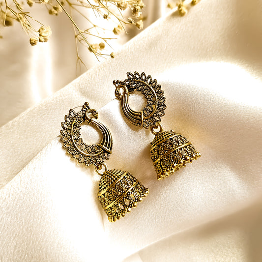 Peacock OxidisedJhumki Earrings - Golden