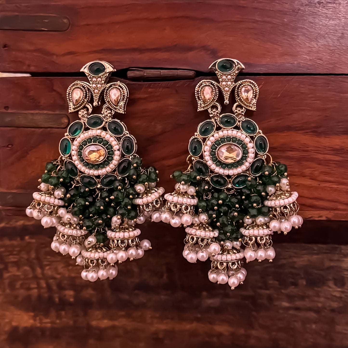 Heer Pearl Chandbali Jhumka Earring - Green