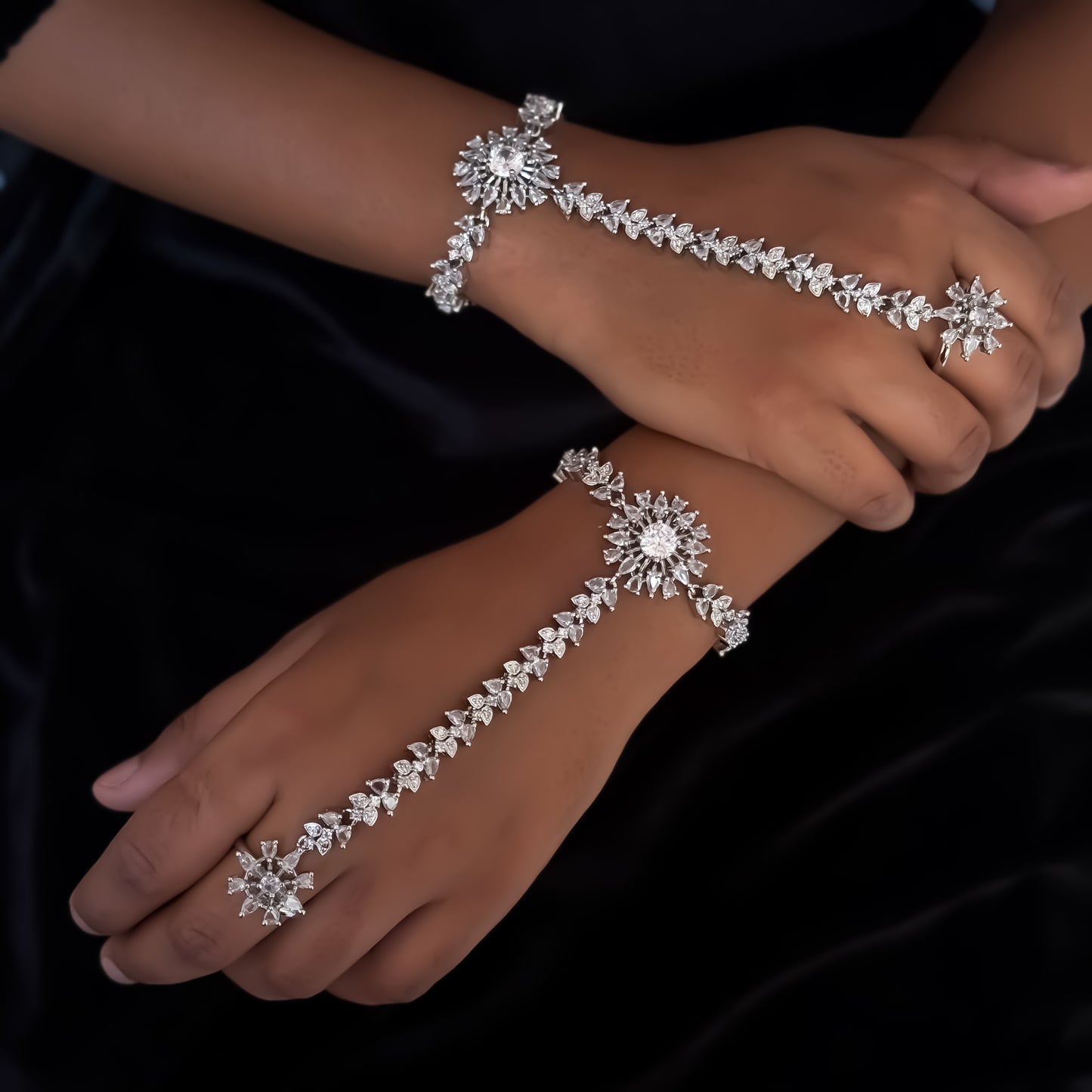 Millie Premium American Diamond Haathphool - Crystal White