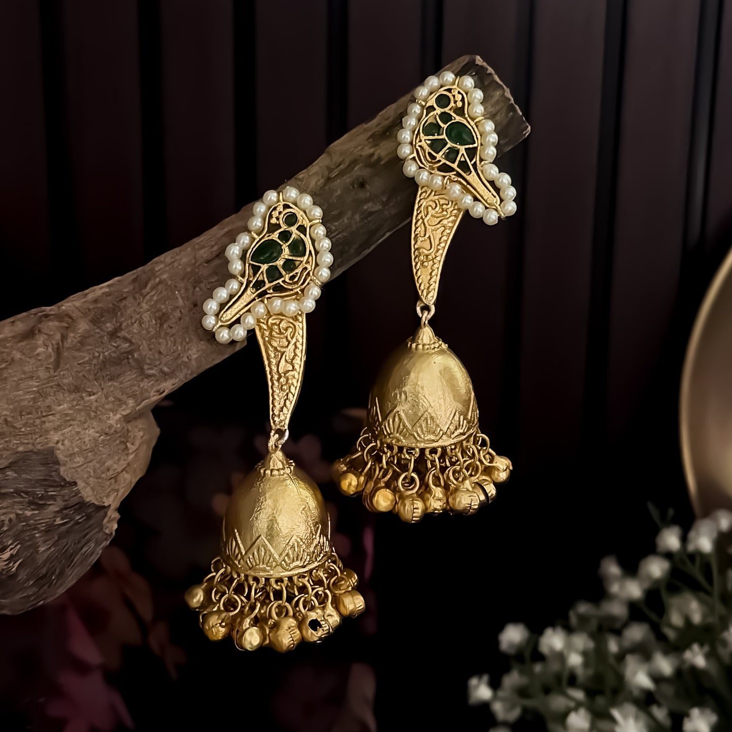 Divira Kashmiri Brass Dejhoor Jhumka Ghungroo Earrings - Green