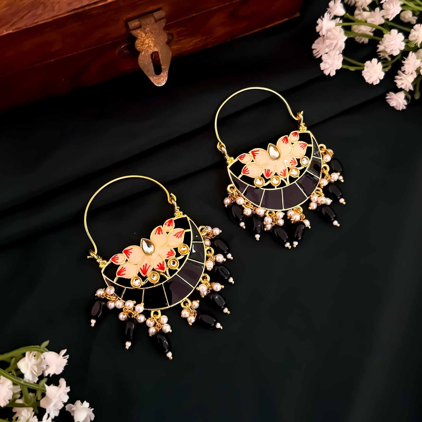 Chandan Meenakari Chandbali Earrings - Black