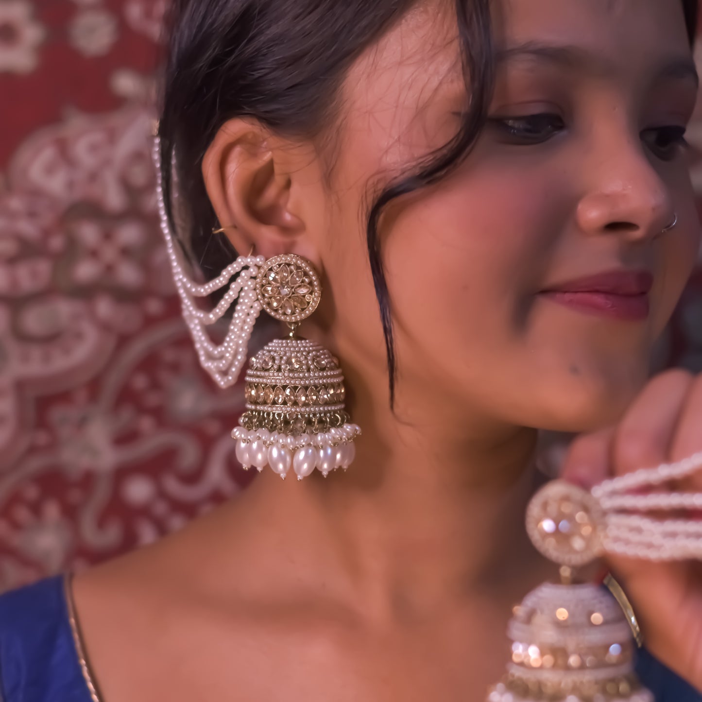 Rubina Jadau Reverse AD Jhumka Earrings with Earchain - Golden