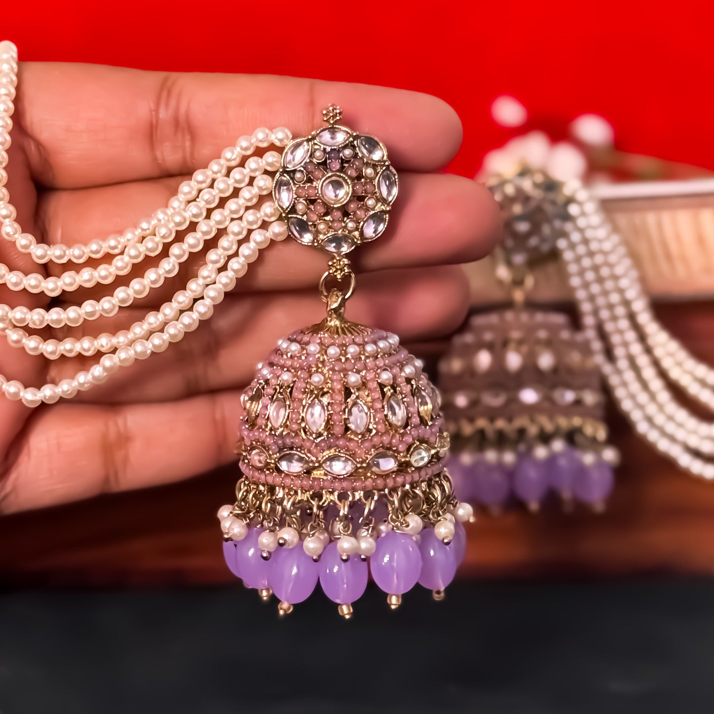 Mehvish Jadau Reverse AD Jhumka Earrings with Earchain - Lavender