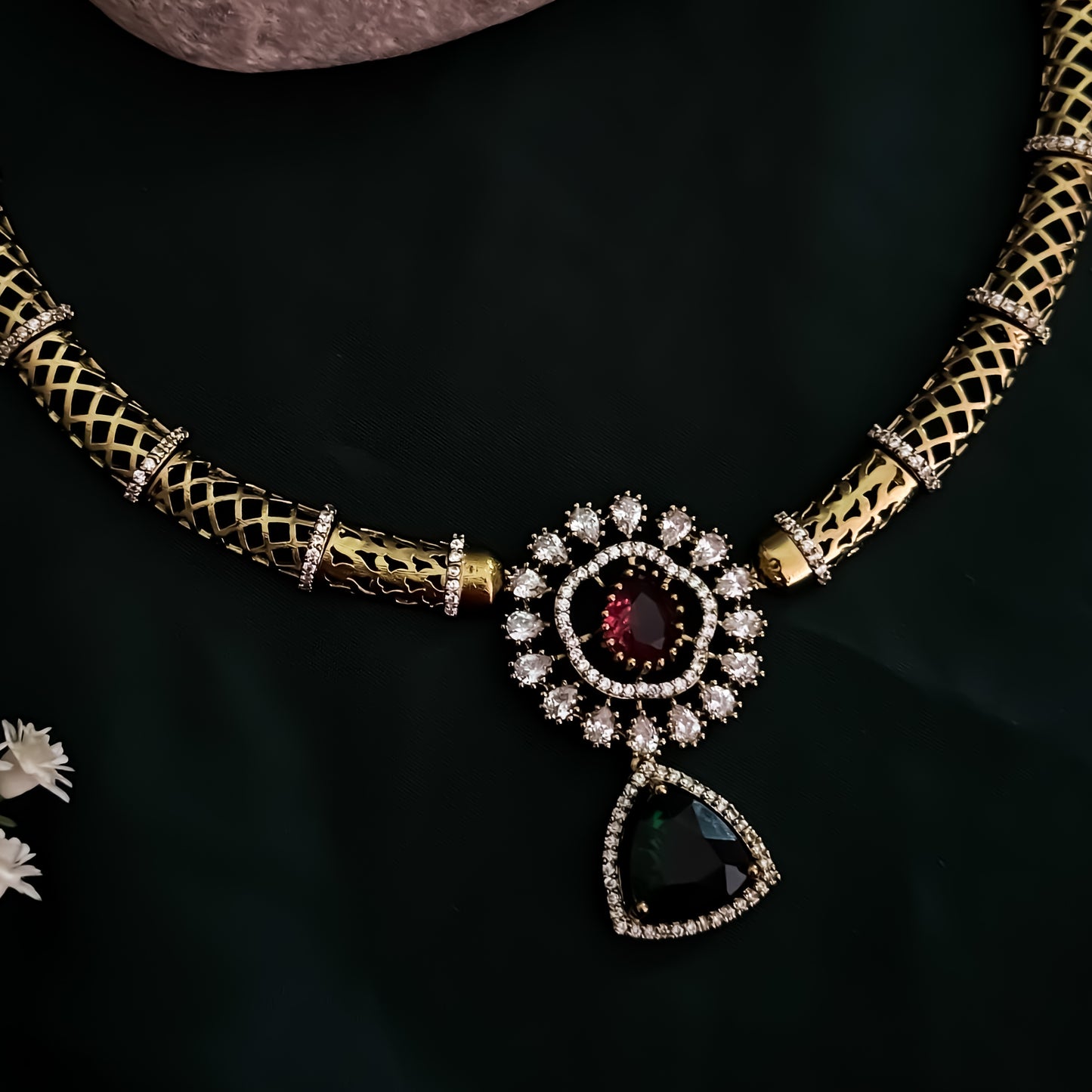 Srijya Victorian Work Pink & Green AD Hasli Necklace Set