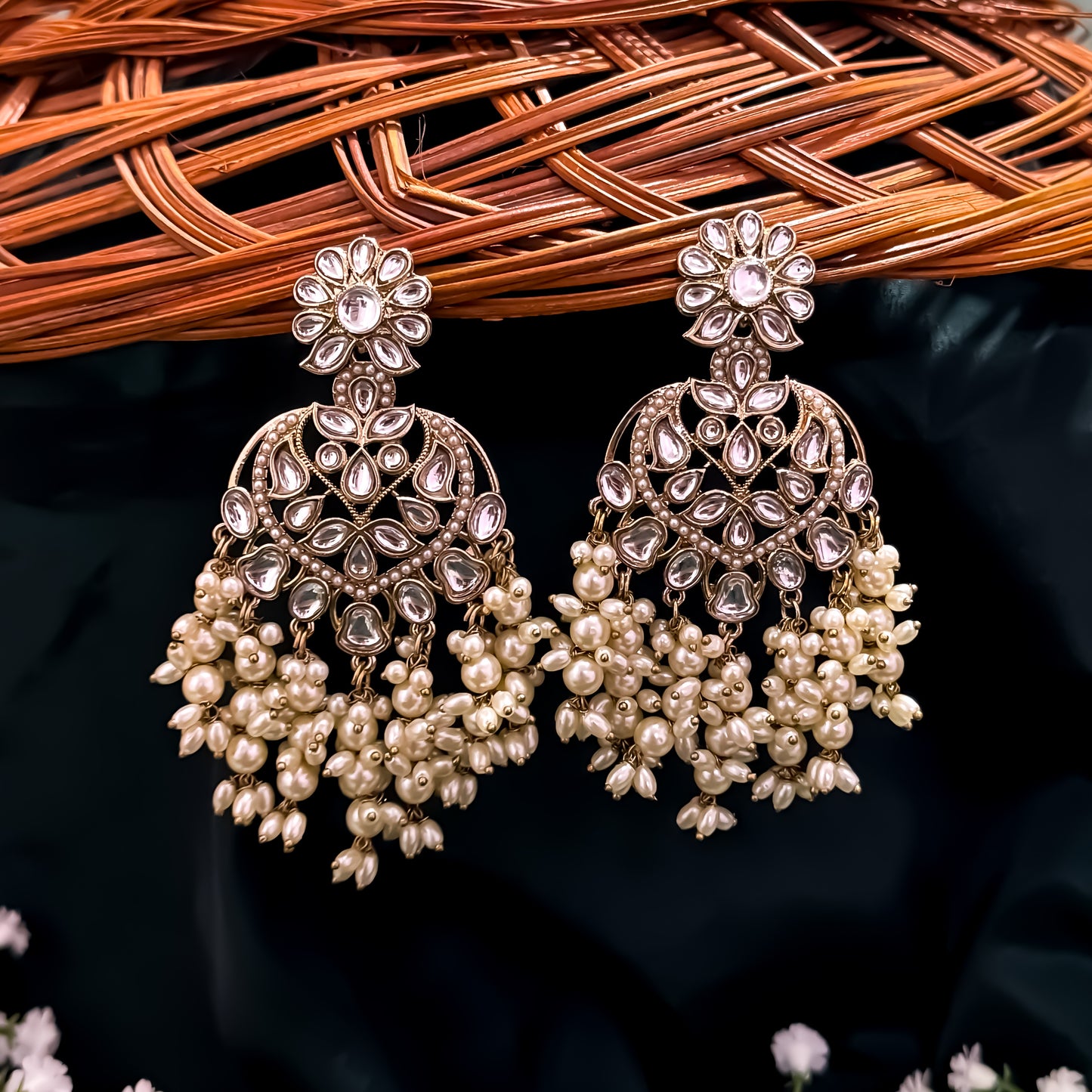 Aayat Kundan Pearl Chandbali Earrings - Golden
