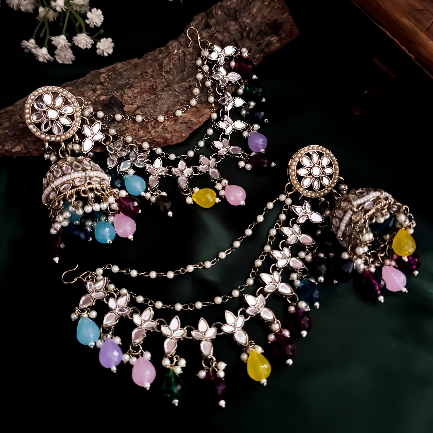 Kashish Jadau Mirror Jhumka Earrings with Sahara/Earchains - Multi