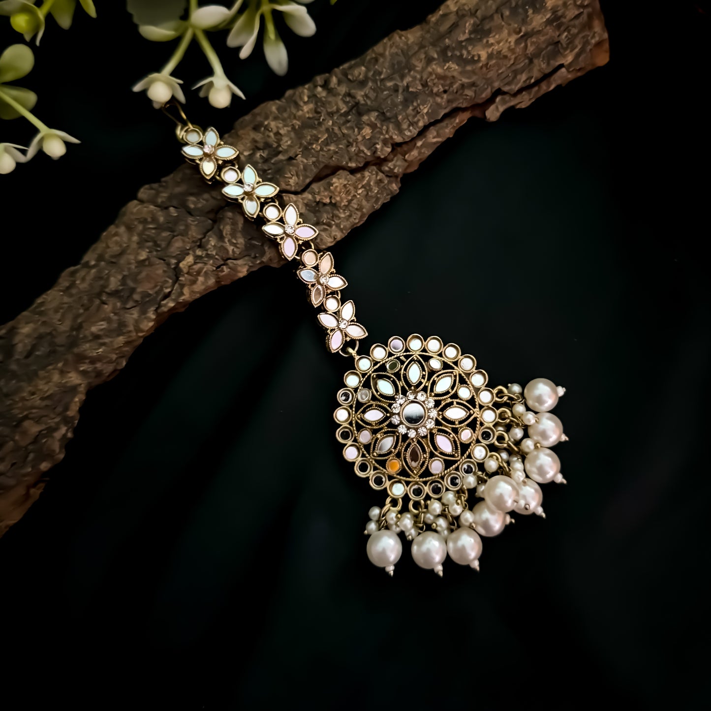 Mehek Mirror Jhumka Earrings with Sahara & Teeka - Golden