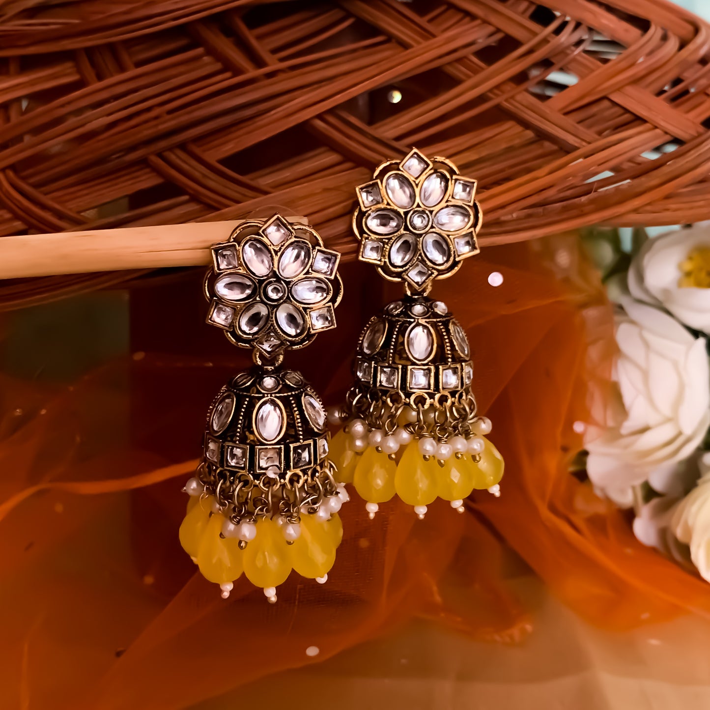 Aashika Pearl Jhumka Earrings- Yellow