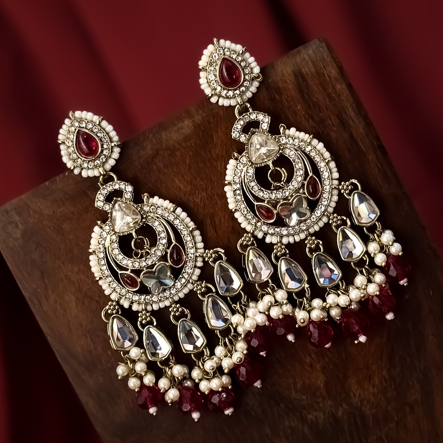 Athiya Kundan Pearl Premium Chandbali Earrings - Magenta Pink