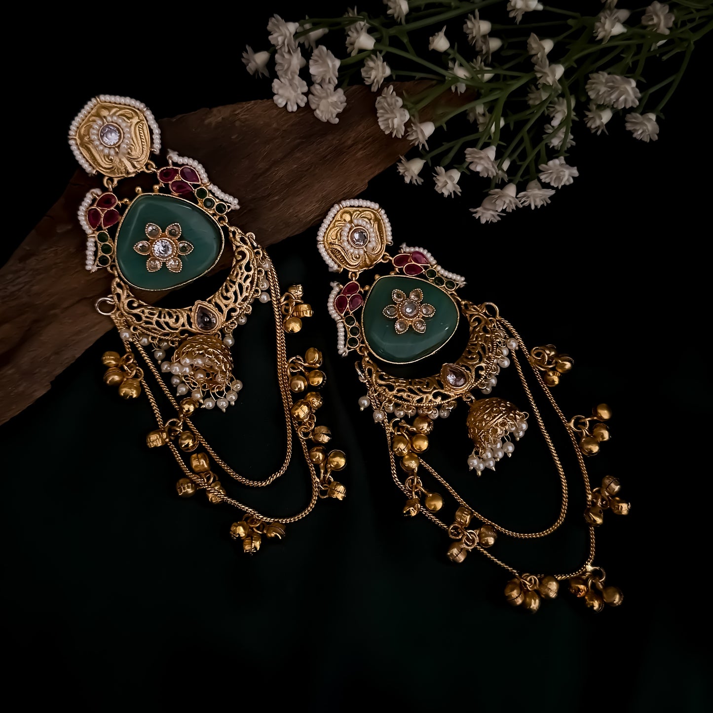 Rajshree Kashmiri Brass Dejhoor Ghungroo Jhumka Earrings - Pastel Green