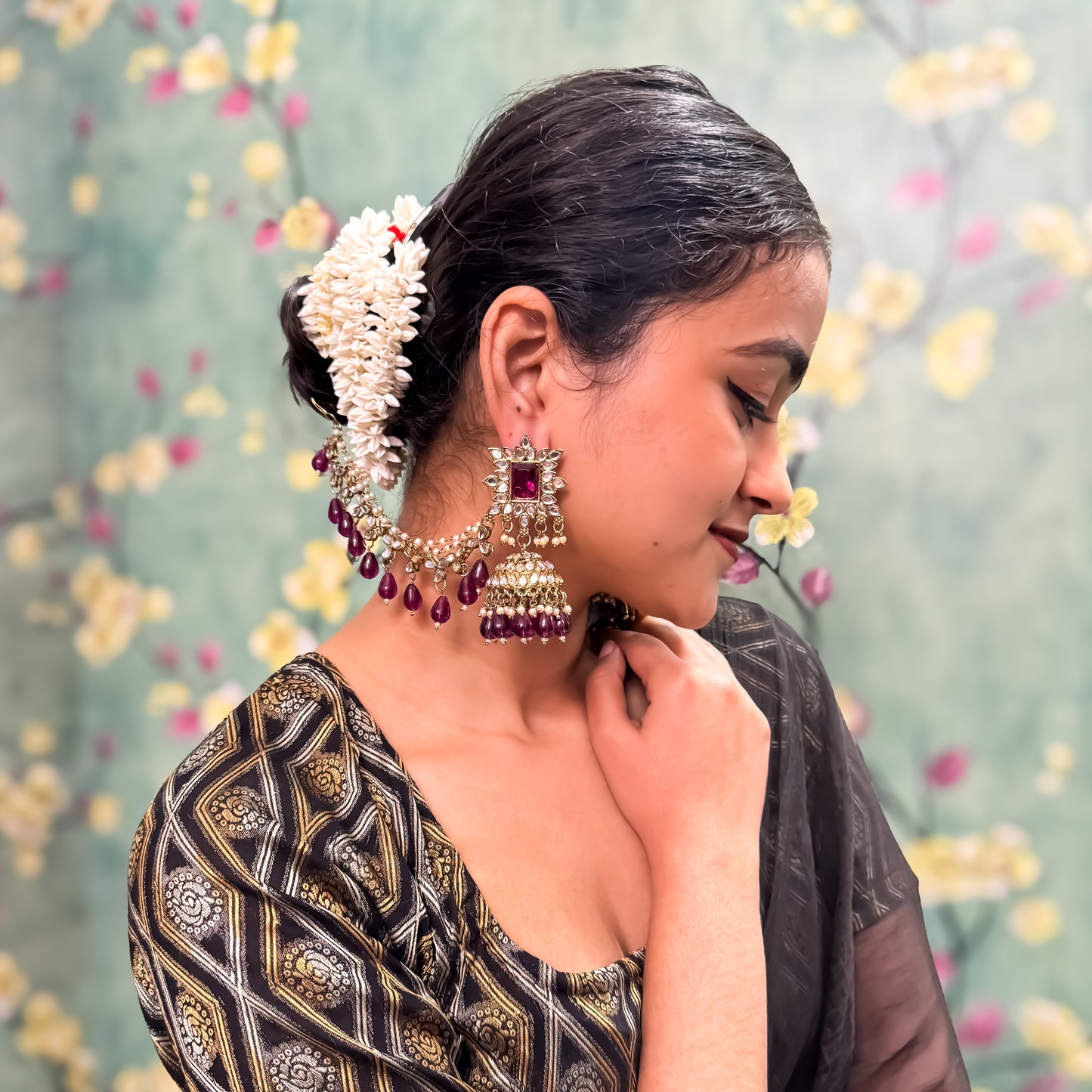 Manavi Mirror Jhumka with Teeka & Sahara- Wine