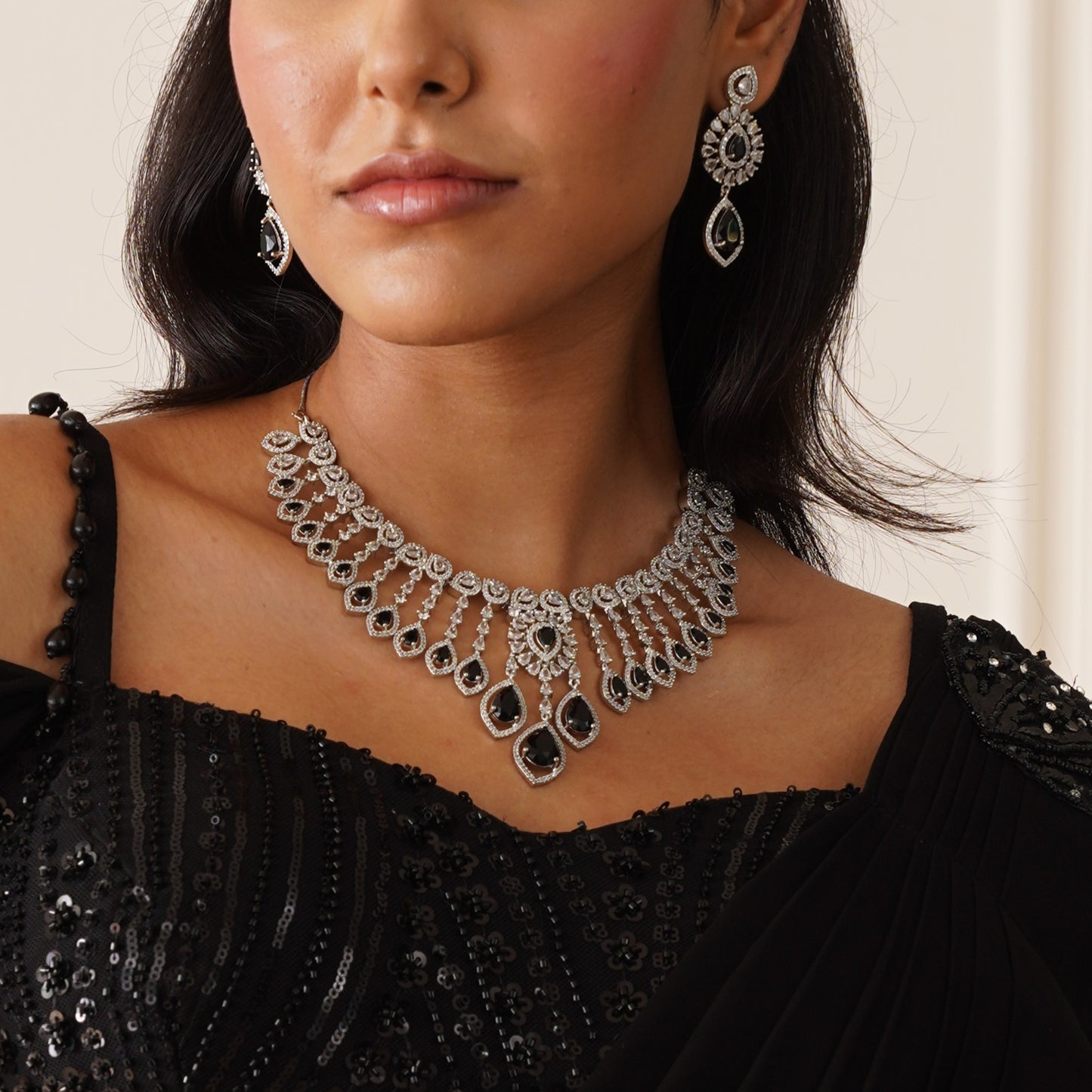 Ishrat AD Necklace Set - Black