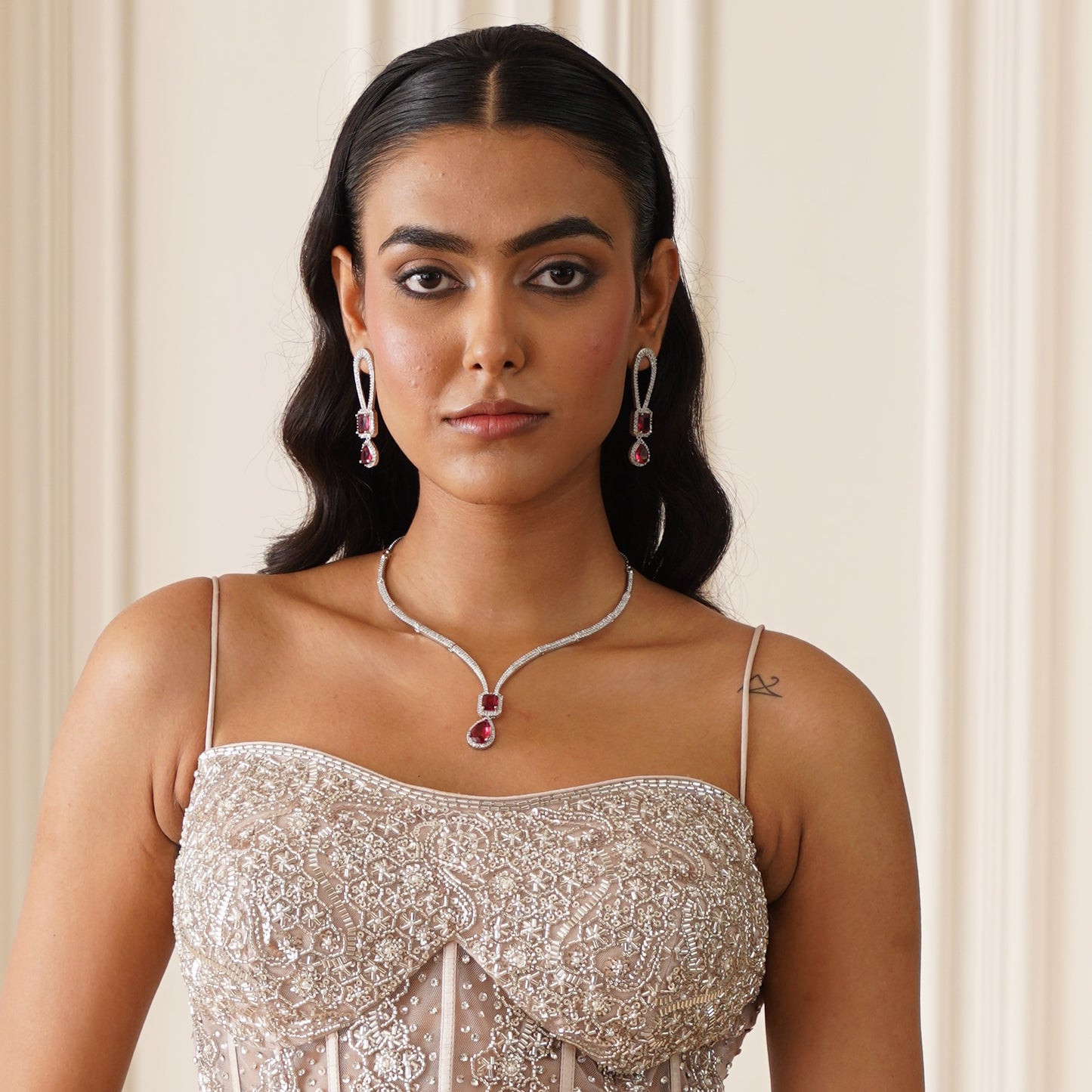 Deepika Inspired AD Necklace Set - Red