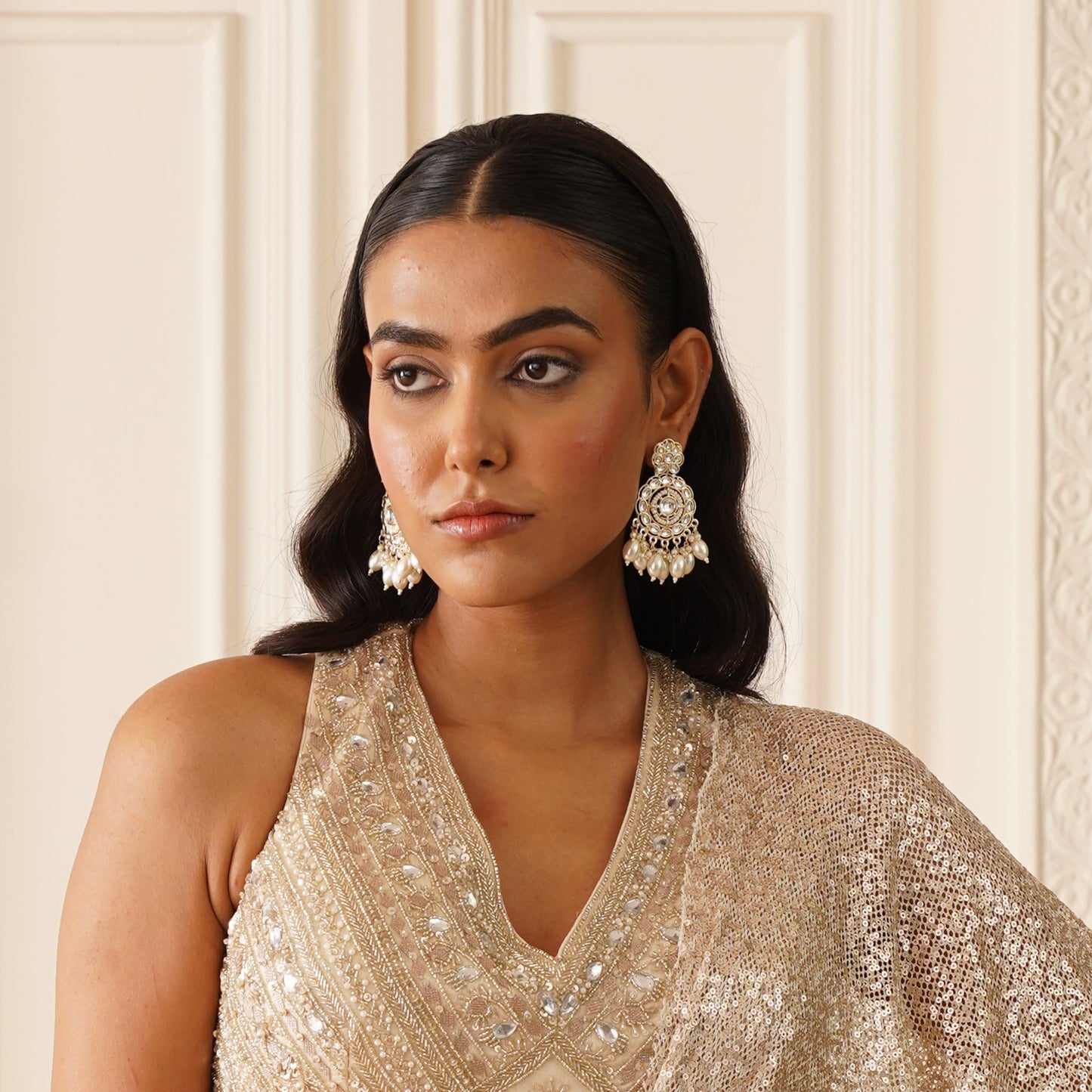 Subheksha Pearl Chandbali Earrings - Golden