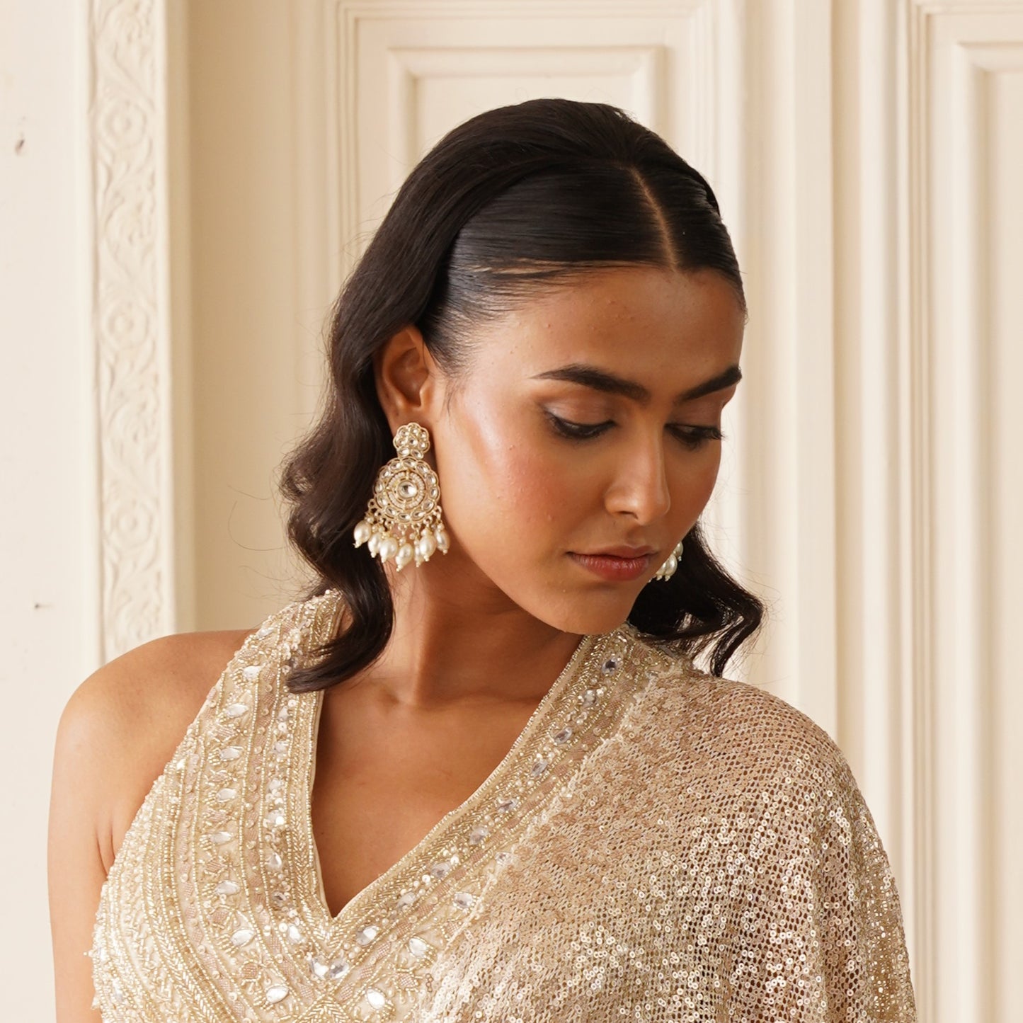 Subheksha Pearl Chandbali Earrings - Golden