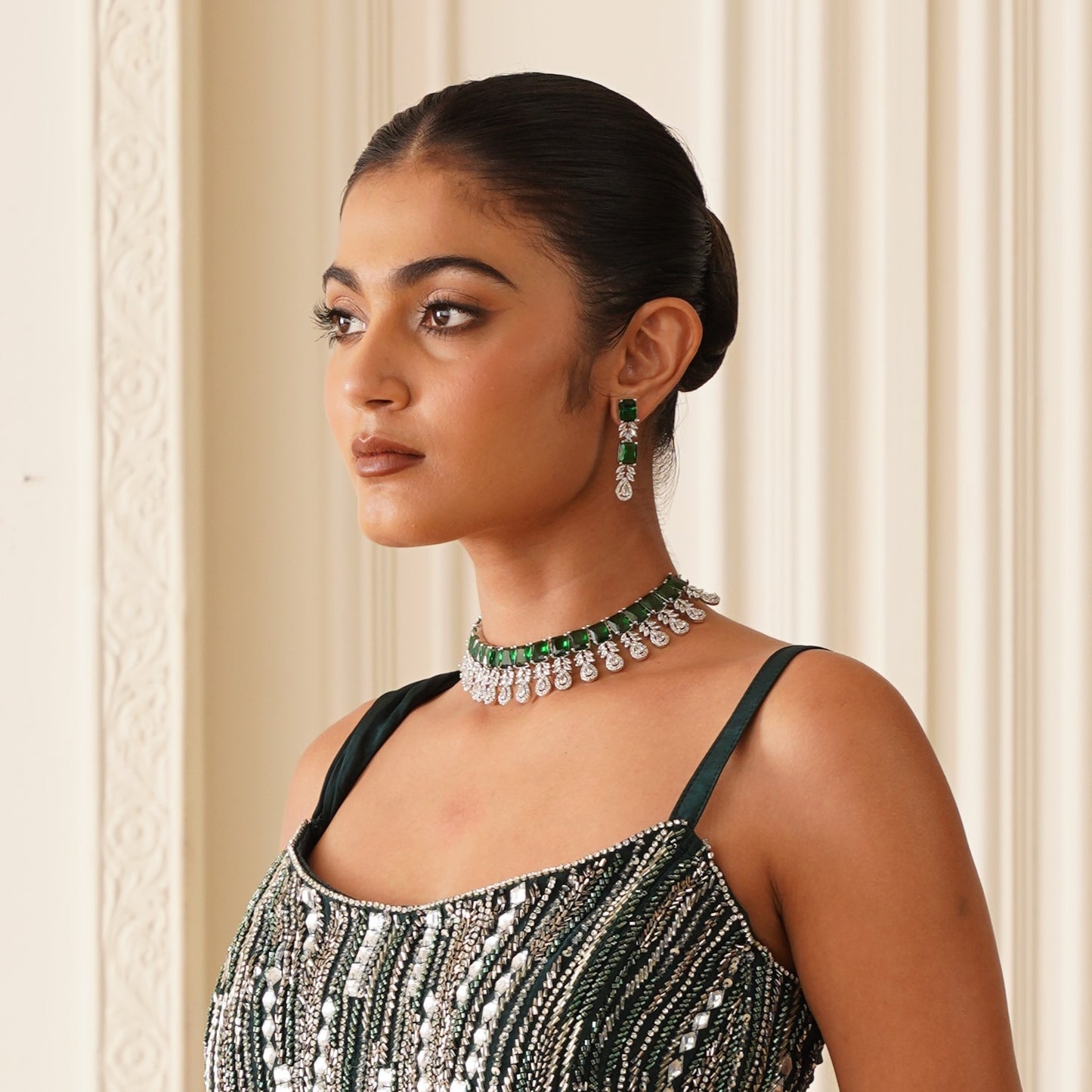 Sophine American Diamond Necklace Set - Emerald Green