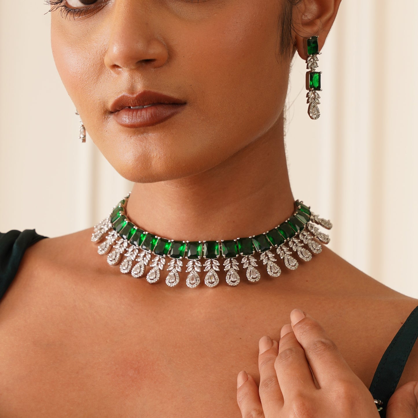 Sophine American Diamond Necklace Set - Emerald Green