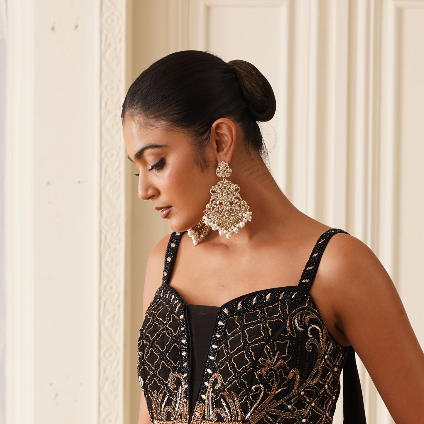 Shravya Jadau Chandbali Earrings - Golden