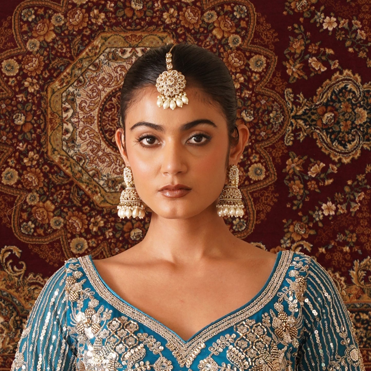 Mahtaab Jadau Reverse AD Jhumka Earrings with Earchain & Teeka - Golden