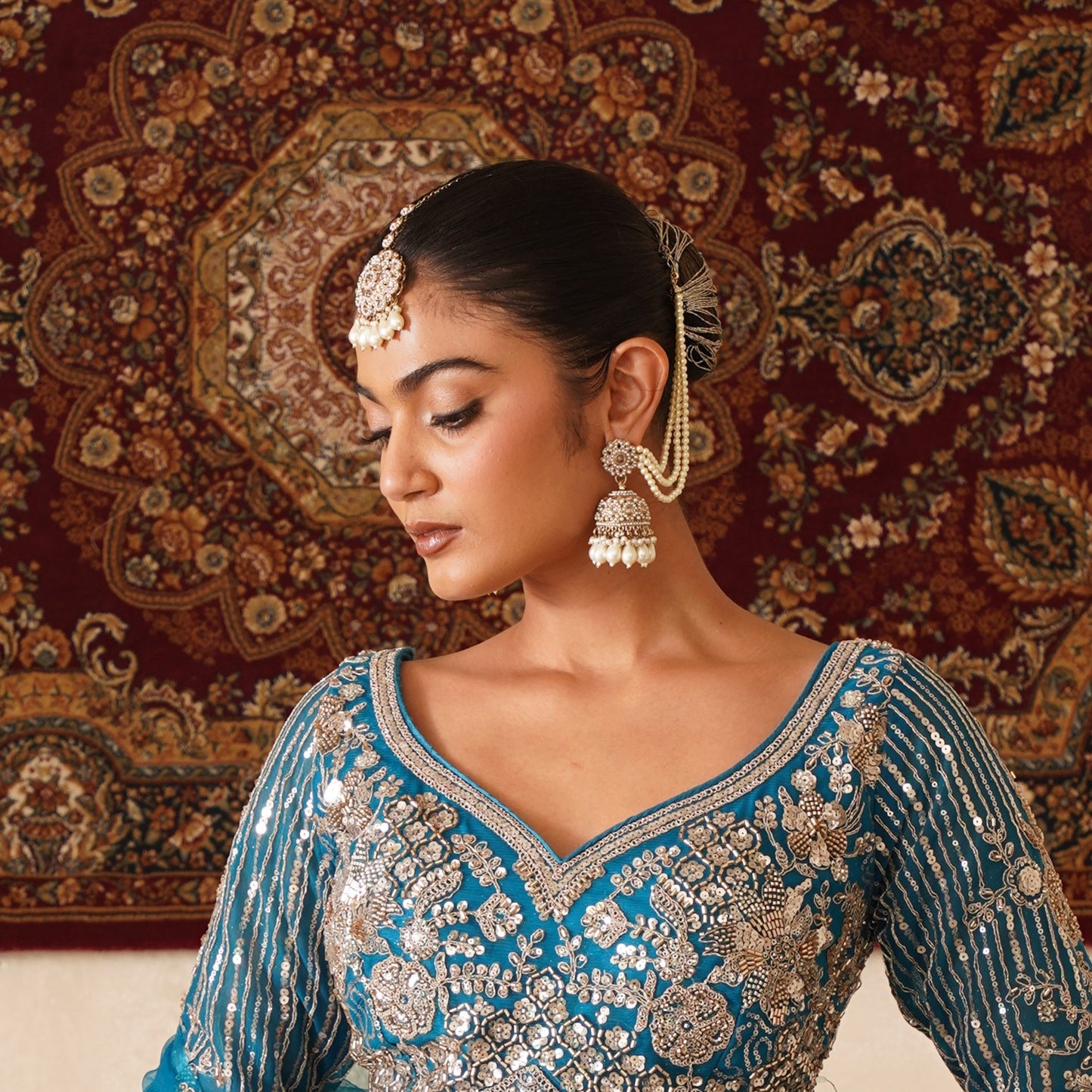 Mahtaab Jadau Reverse AD Jhumka Earrings with Earchain & Teeka - Golden