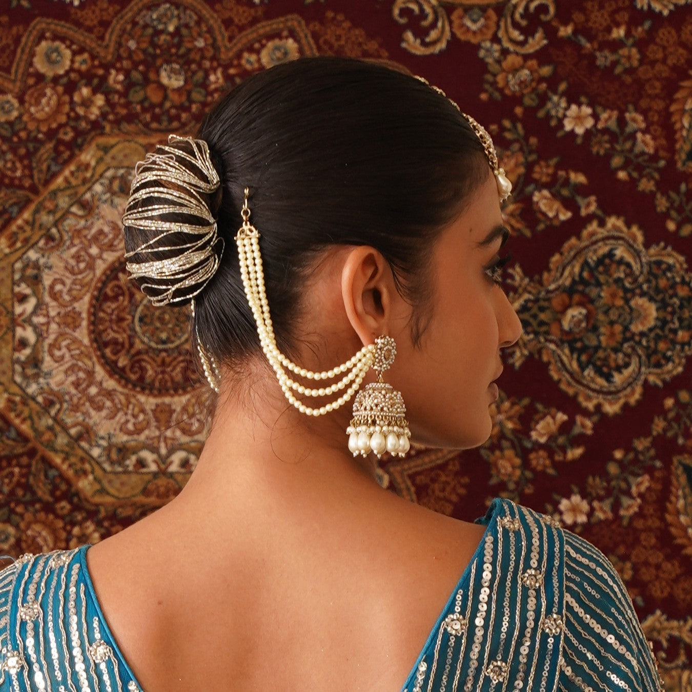 Mahtaab Jadau Reverse AD Jhumka Earrings with Earchain & Teeka - Golden