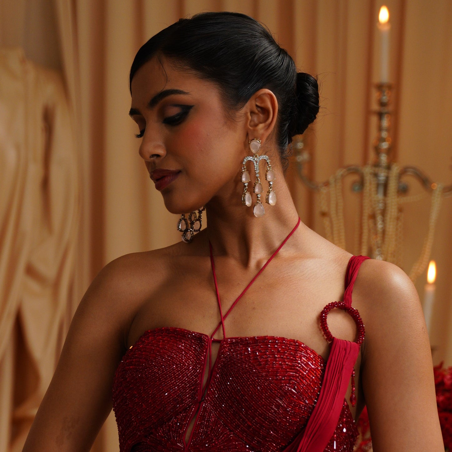 Sharon Chandelier Dangler Chandbali Earrings - Baby Pink