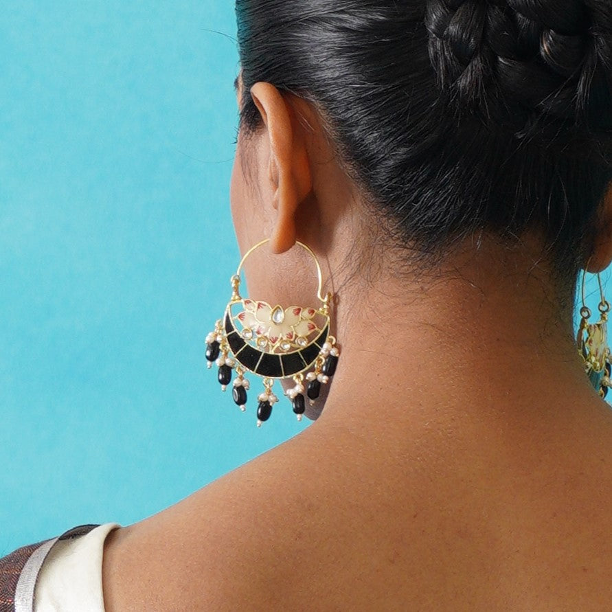 Chandan Meenakari Chandbali Earrings - Black