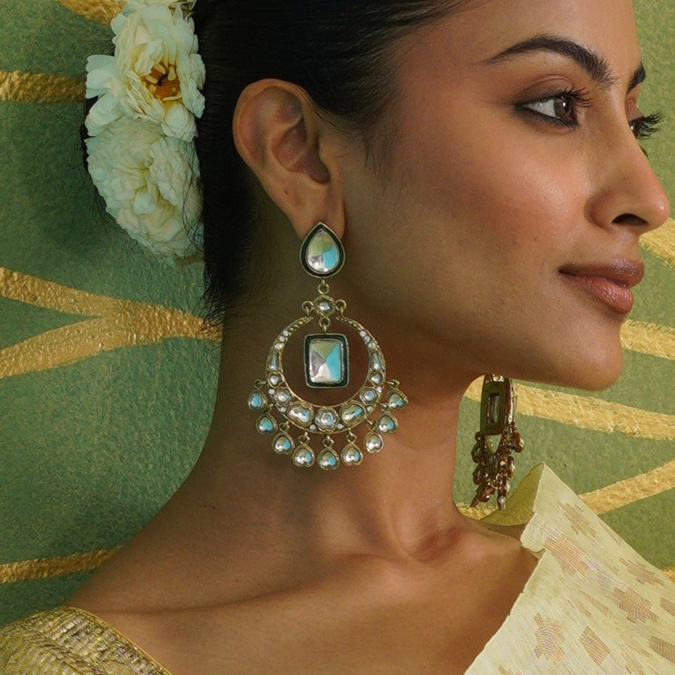 Alia Bhatt Inspired Kundan Chandbali Earrings - Golden