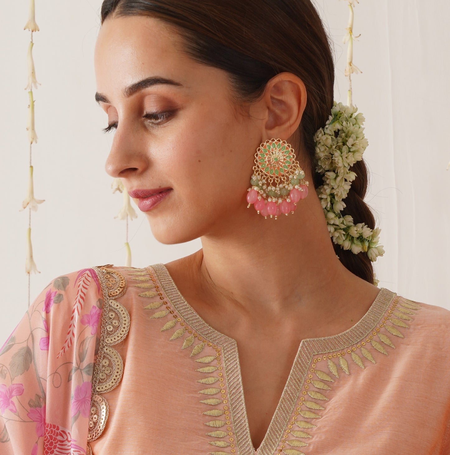Maira Meenakari Chandbali Earrings - Mint & Pink