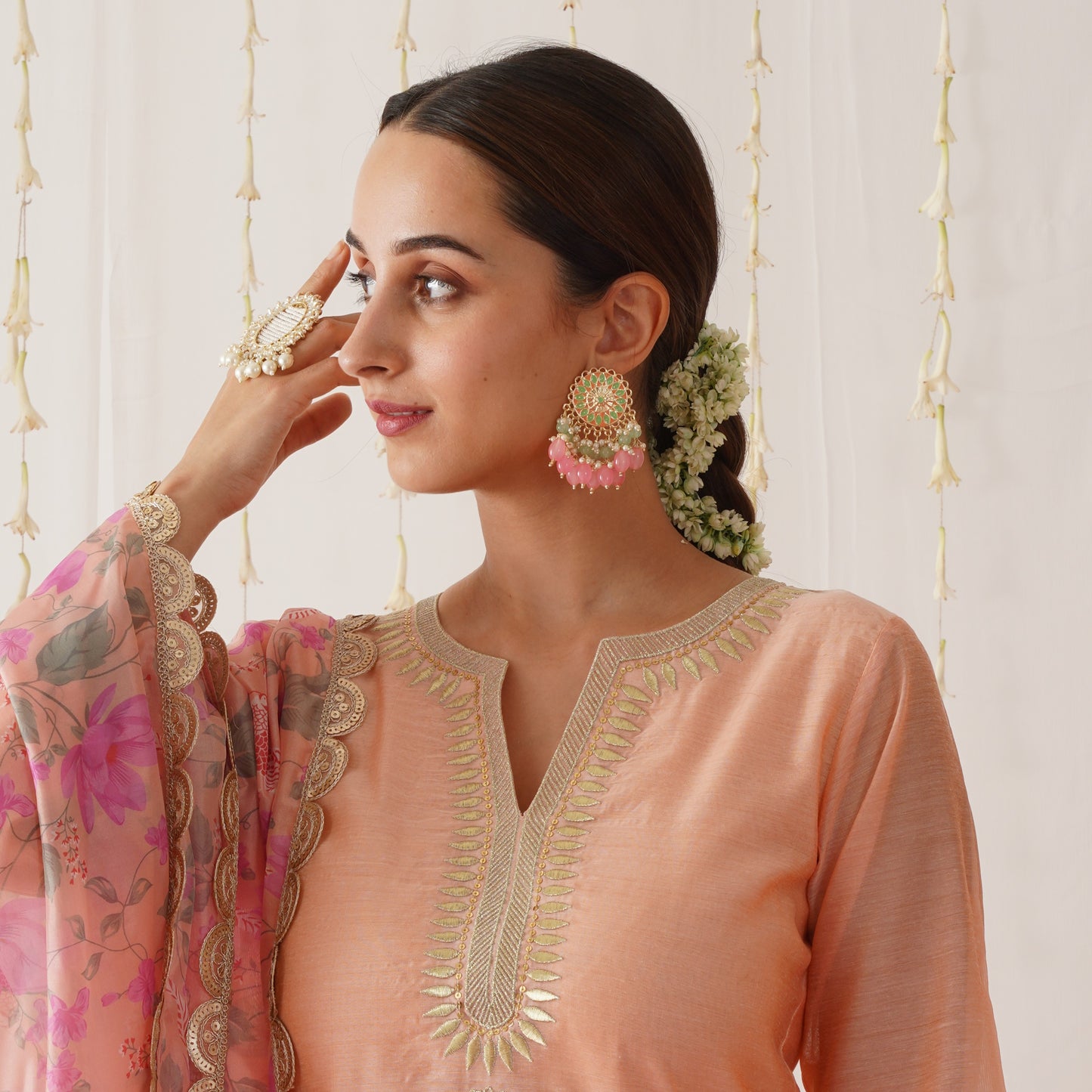 Maira Meenakari Chandbali Earrings - Mint & Pink