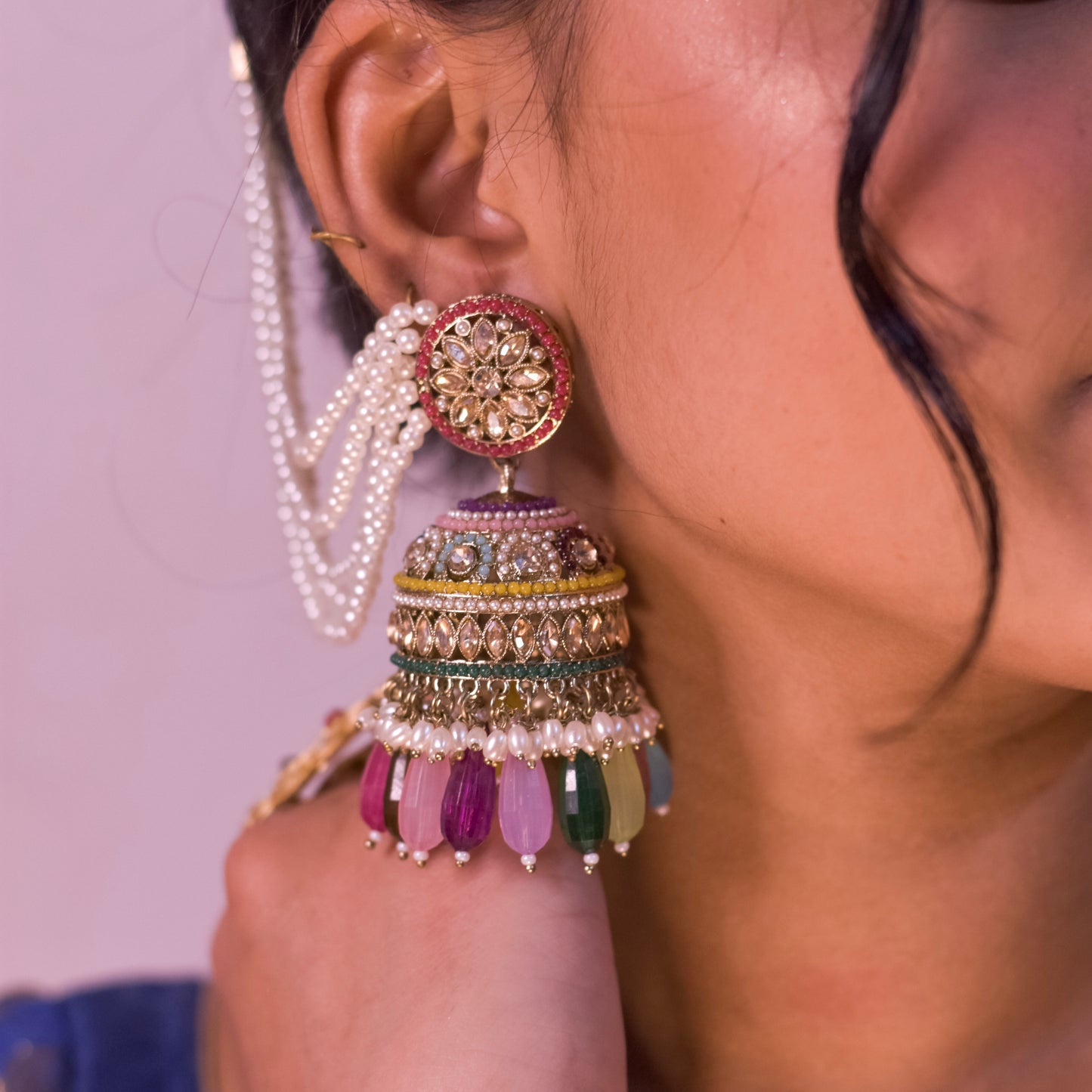 Rubina Jadau Reverse AD Jhumka Earrings with Earchain - Multi