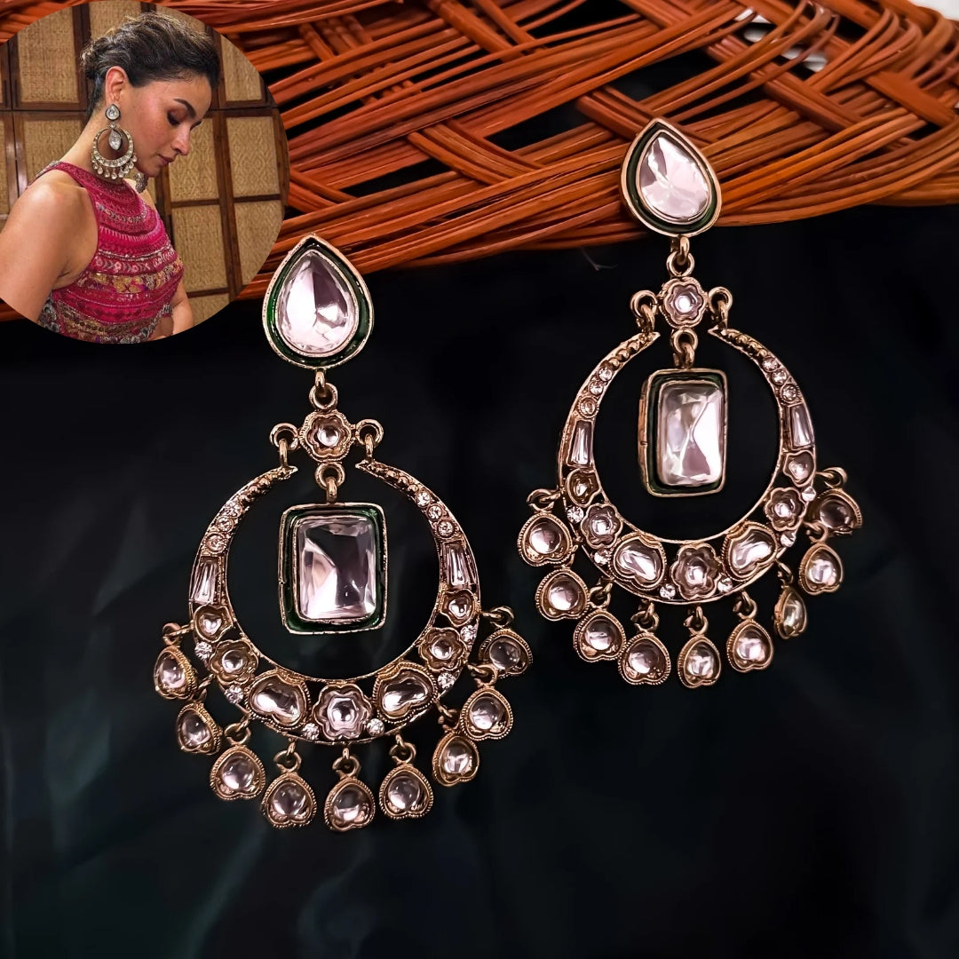 Alia Bhatt Inspired Kundan Chandbali Earrings - Golden