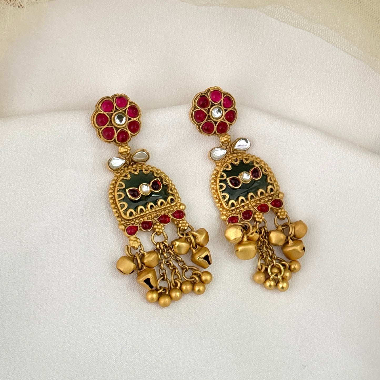 Shrinkhla Fusion Rajwadi Kashmiri Brass Ghungroo Chandbali Earrings - Pink & Green