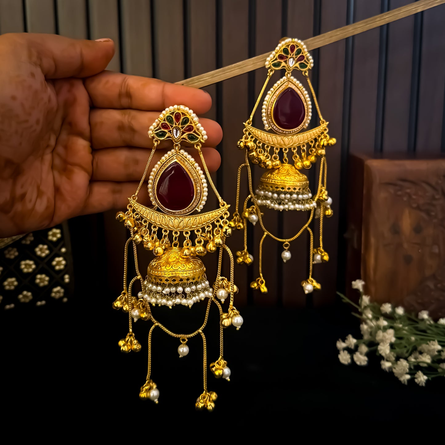 Midha Kashmiri Brass Dejhoor Ghungroo Jhumka Earrings - Maroon