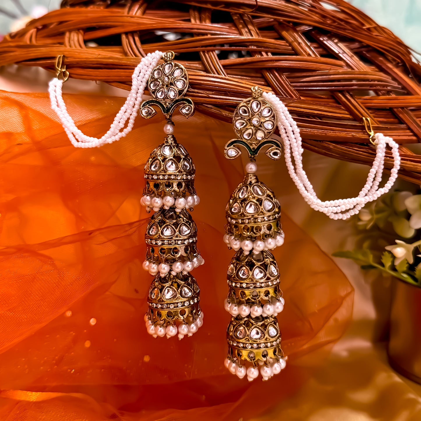 Marwan Layered Jhumka Earrings with Earchains - Golden