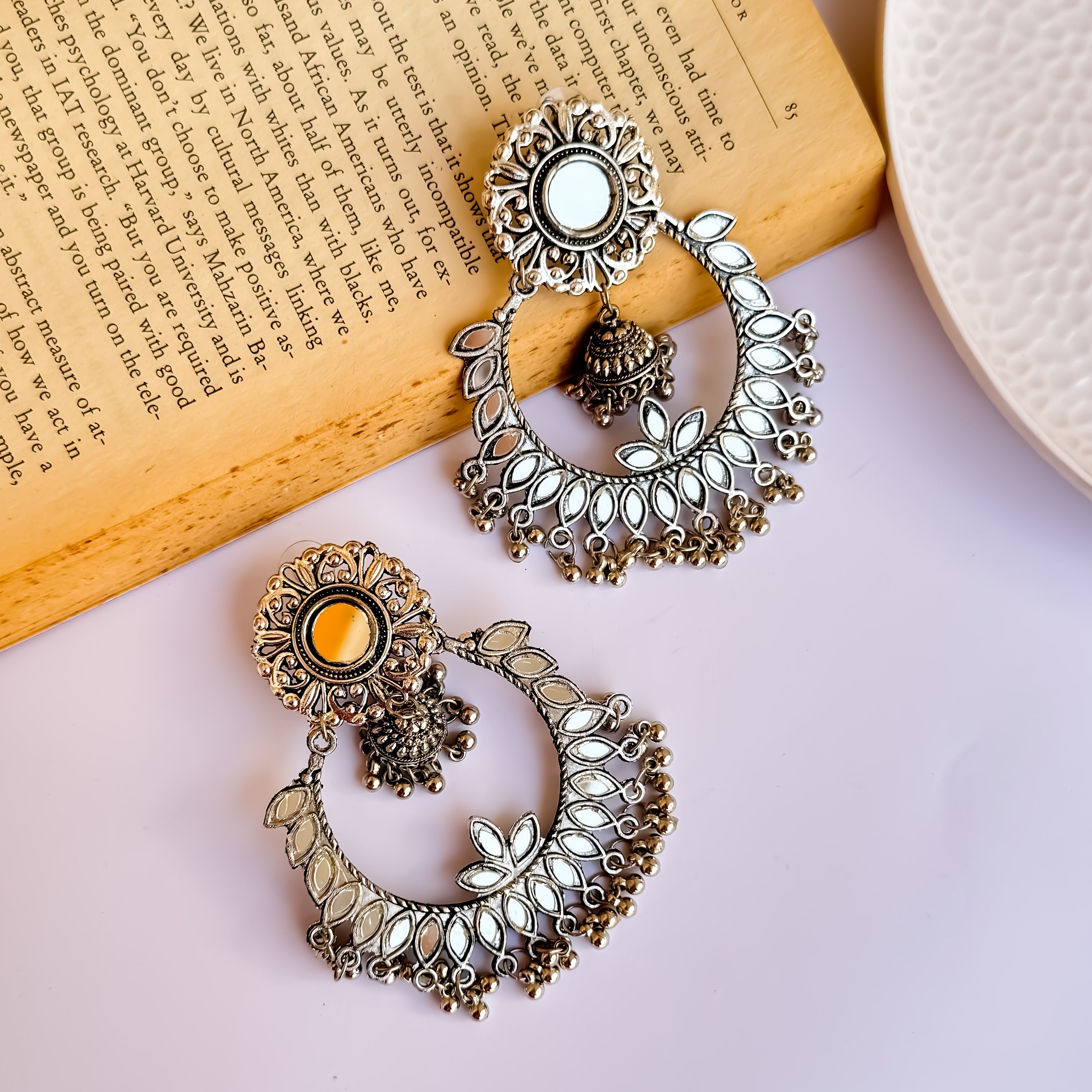 Chandni Mirror Silver Oxidised Chandbali Earrings
