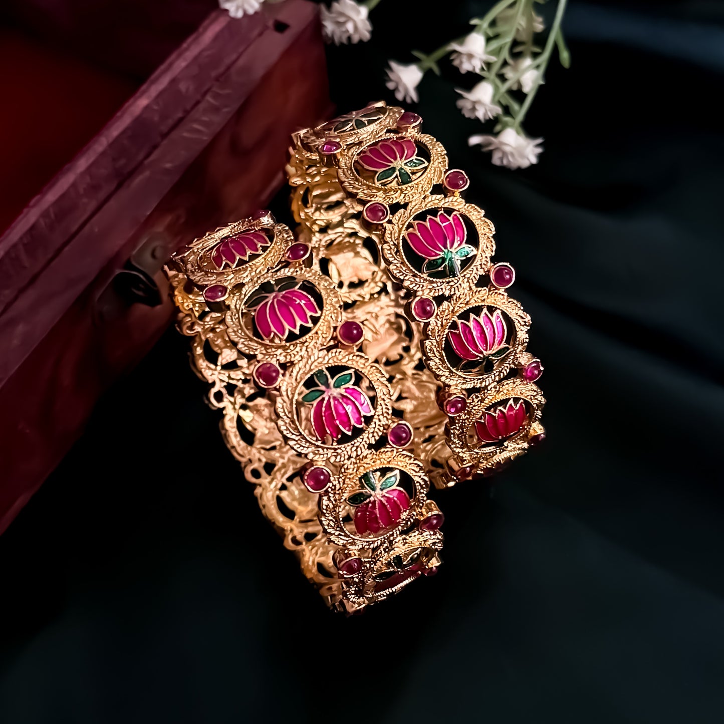 Kamalika Temple Gold Bangles - Set of 2 (Pink & Green)