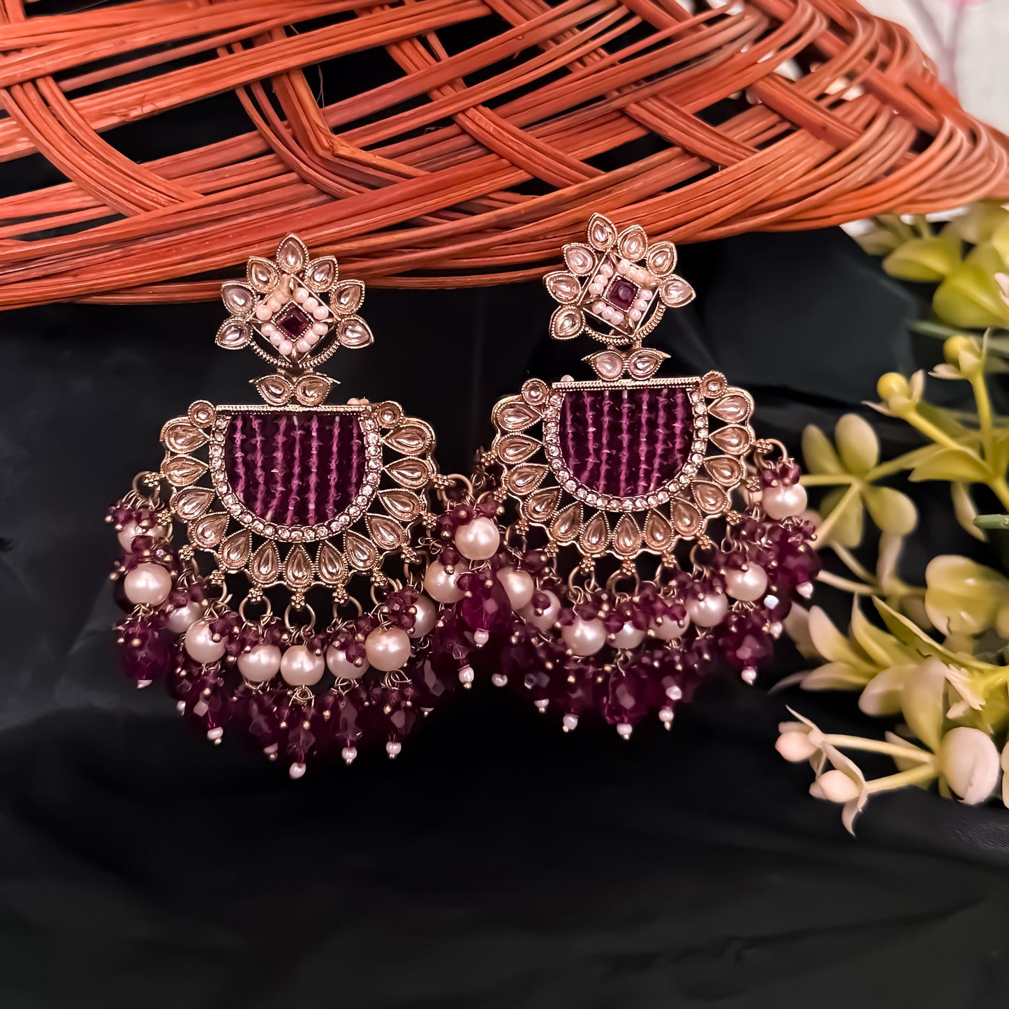 Mansa Kundan Pearl Chandbali - Wine