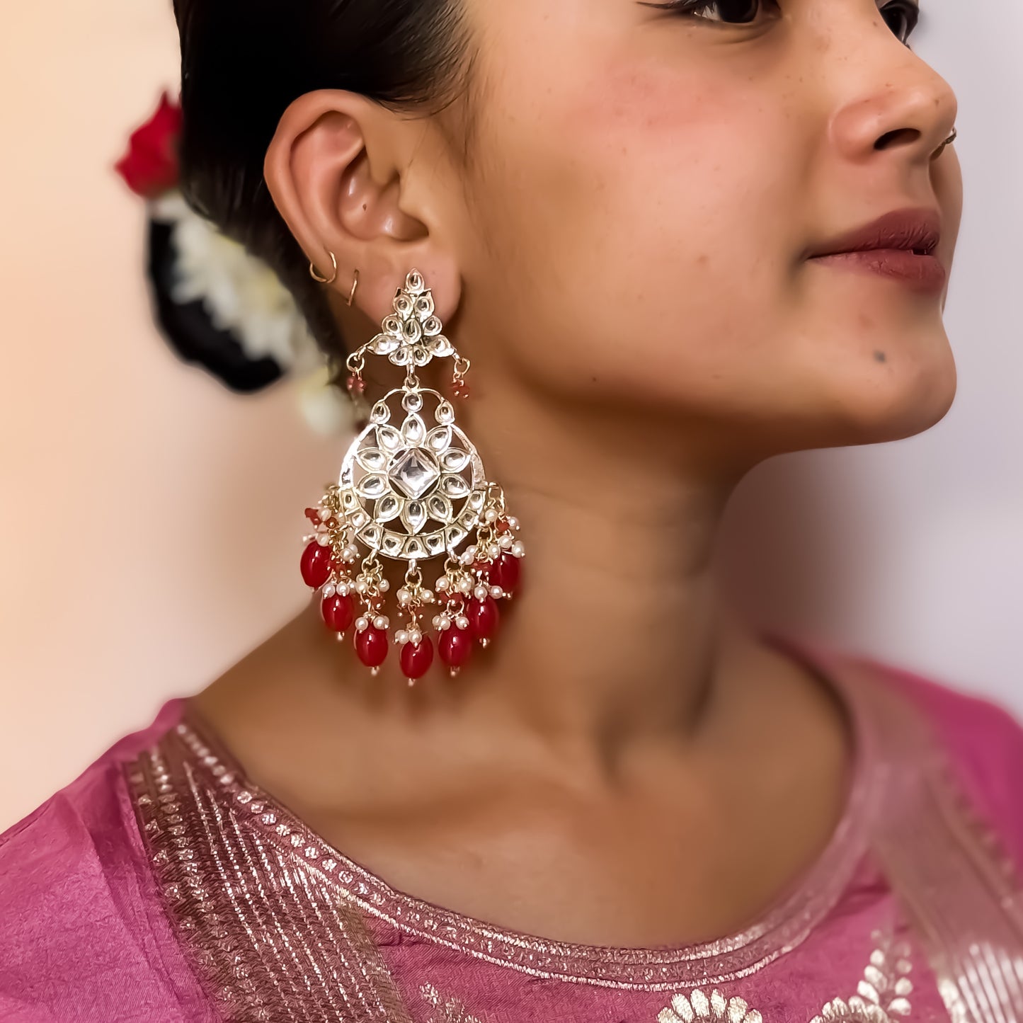 Yashi Kundan Chandbali Earrings - Red
