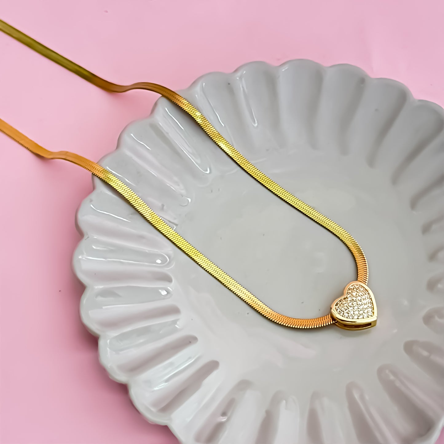 Luna 18K Gold Plated AntiTarnish Snake Chain with Heart Golden AD Pendant