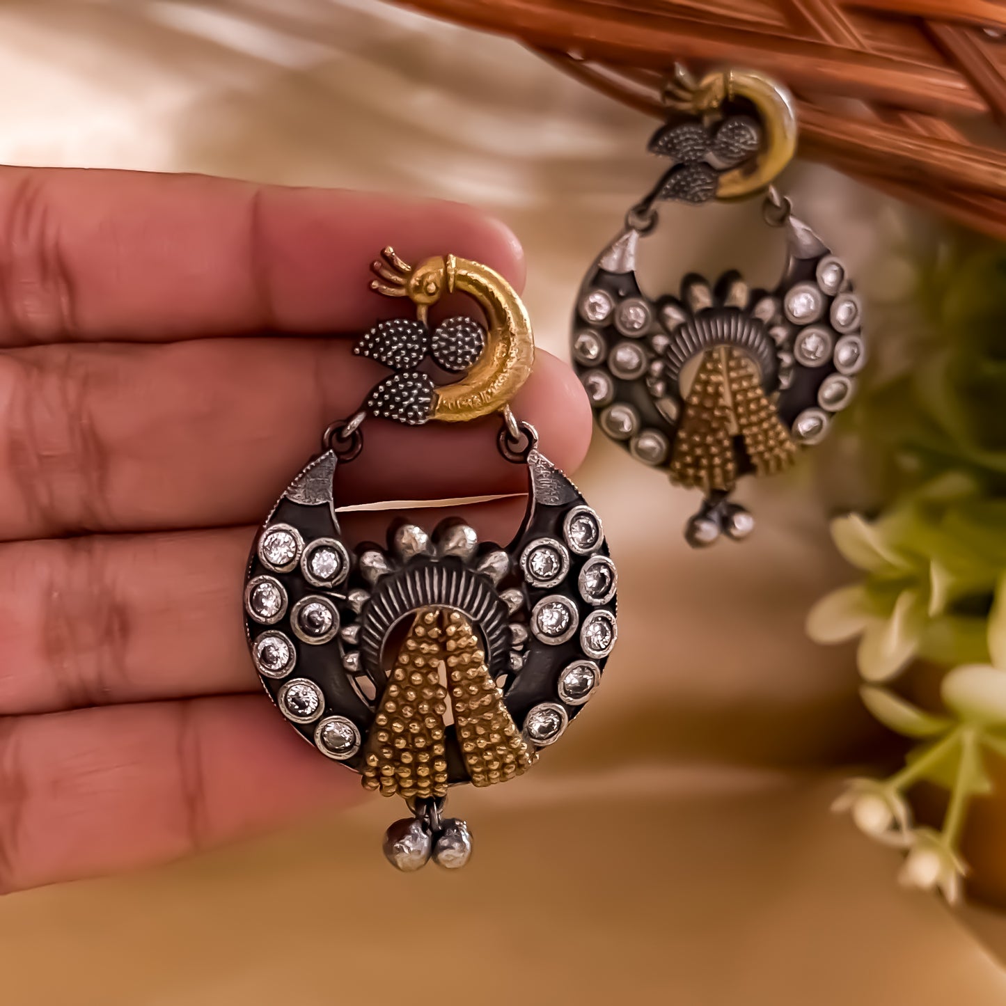 Peacock Zircon Dual Tone SLA Brass Earrings